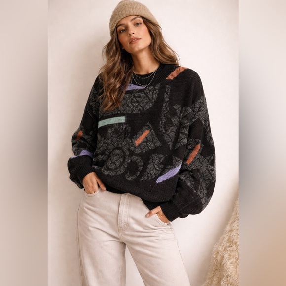 Asphalt Sweaters - Vintage Asphalt Wool Blend Sweater Made in Canada Abstract Black Medium